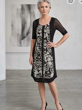 Beate Heymann Avant Garde Damask Art Deco Sheer Sleeve Dress Size 8
